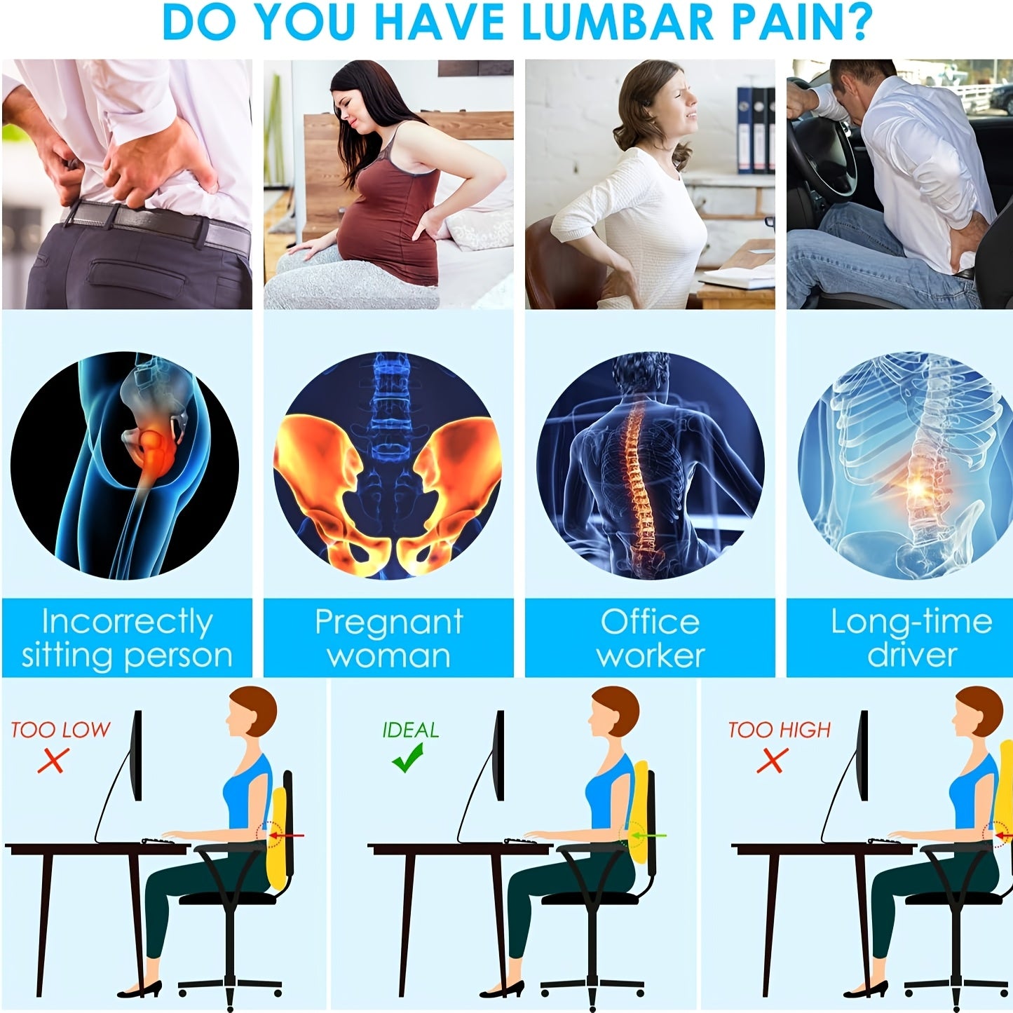 Ergonomic Lumbar Support Cushion with Memory Foam, Breathable 3D Mesh, for Car Seats, Office Chairs, Wheelchairs & Recliners - Lightweight, Removable Cover, Medium Soft Firmness, Back Ergonomic Support|Breathable Cushion|Removable Cover Cushion