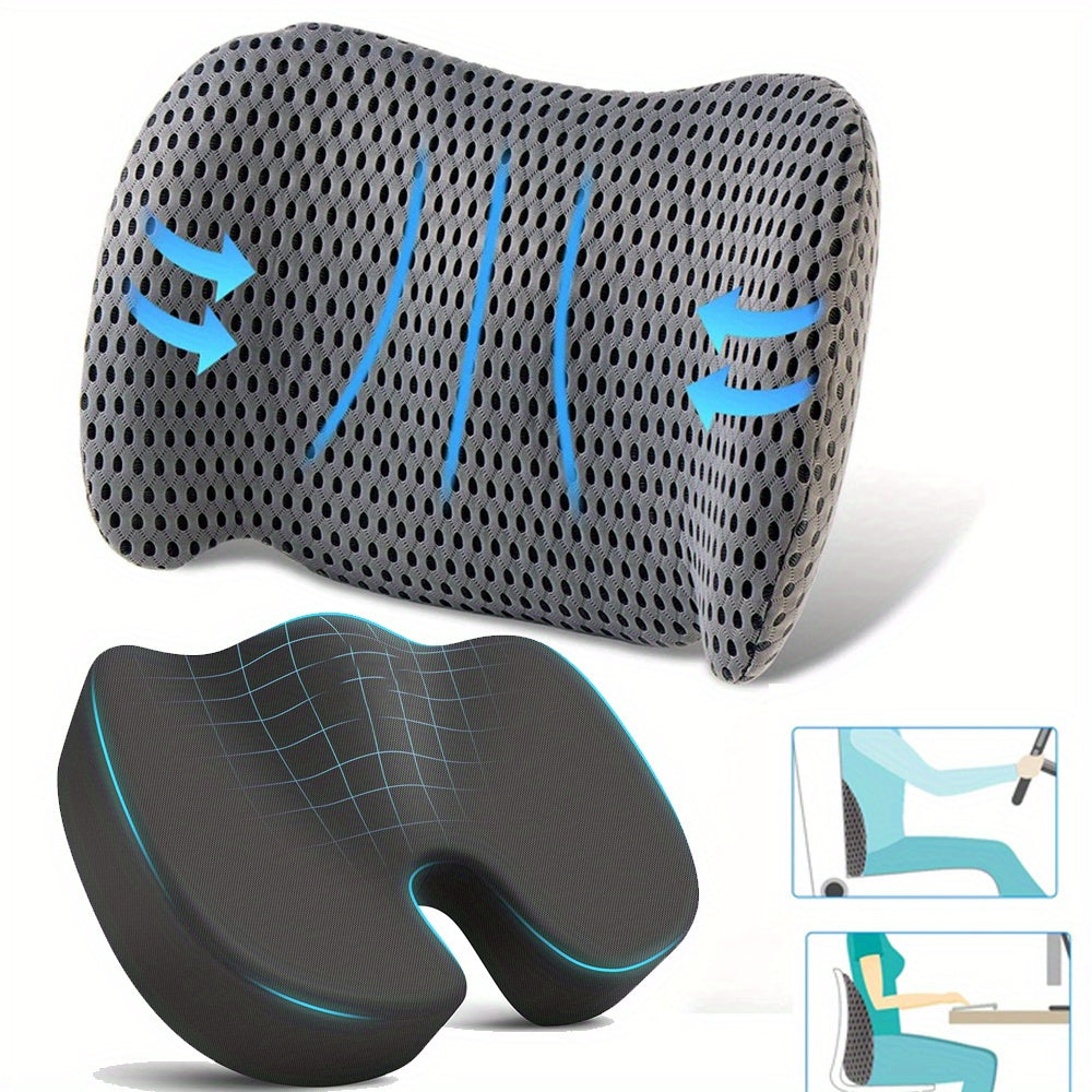 2pcs:(1 Seat Pad + 1 Lumbar Support Pillow) Memory Foam Seat Cushion & Lumbar Support Pillow Set - Ergonomic Office Chair Cushion for Back, Car Seat, Wheelchair, Gaming Chair - Breathable & Machine Washable Cover