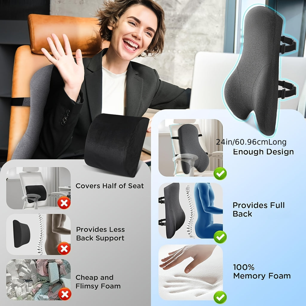 Lumbar Support Pillow for Office Chair Long Back Support Pillow for Comfort, Back Pain Relief Promotes Posture- Memory Foam Back Cushion for Gaiming Chair, Recliner