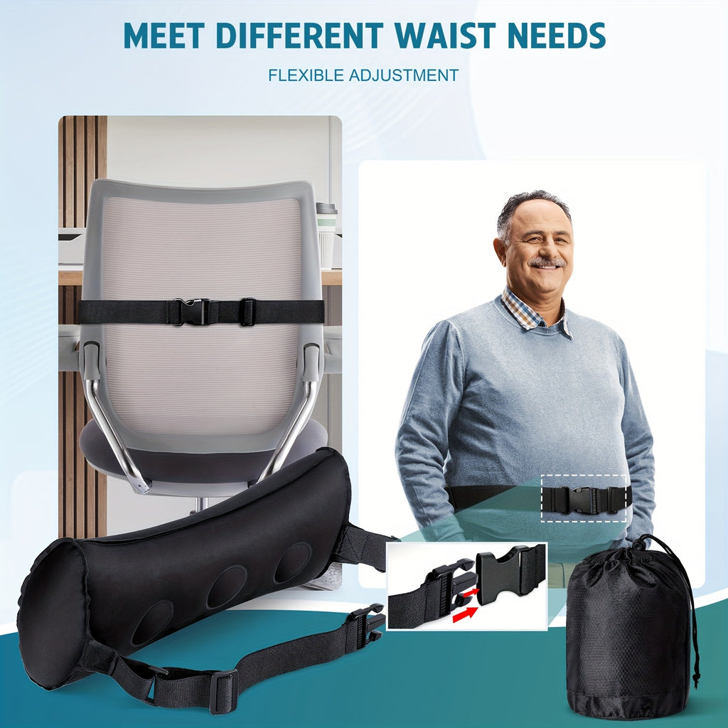 1pc Inflatable Lumbar Support Pillow for Airplane Travel, Car & Office Chair - Ergonomic Posture Corrector with Adjustable Straps, Breathable Mesh Design, Hand Wash Only, Improves Sitting Posture & Comfort, Inflatable Travel Pillow, Airplane Comfort