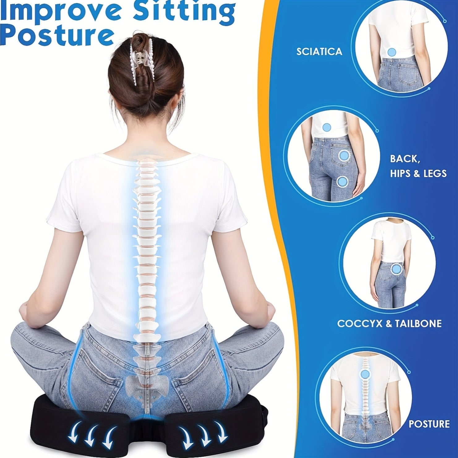 Black Ergonomic Office Chair Cushion - 10-Hour Support for 10-Seater Chairs, Adjustable Hip & Lumbar Support, Portable & Dry Clean Only, All-Season Use, High-Quality Memory Foam with Low Price, Ergonomic Office Chair, Versatile Seating Solution, Sleek