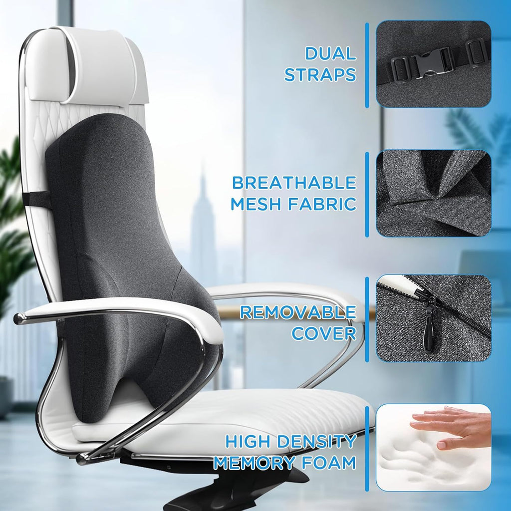 Lumbar Support Pillow for Office Chair Long Back Support Pillow for Comfort, Back Pain Relief Promotes Posture- Memory Foam Back Cushion for Gaiming Chair, Recliner