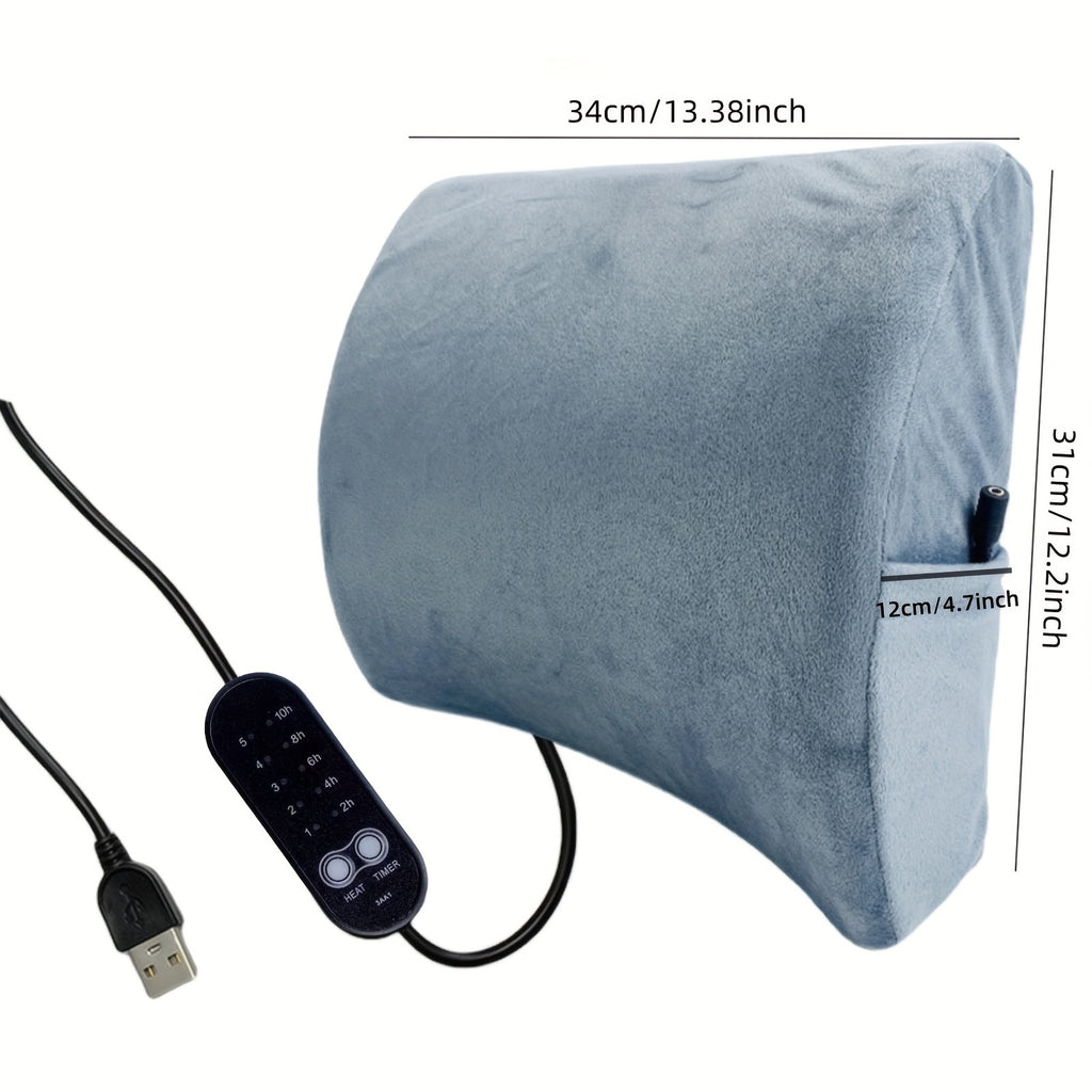 Ergonomic USB-Powered Lumbar Support Pillow with Memory Foam - 5 Heat Levels & Timer Settings, Breathable Polyester Cover for Office Chair