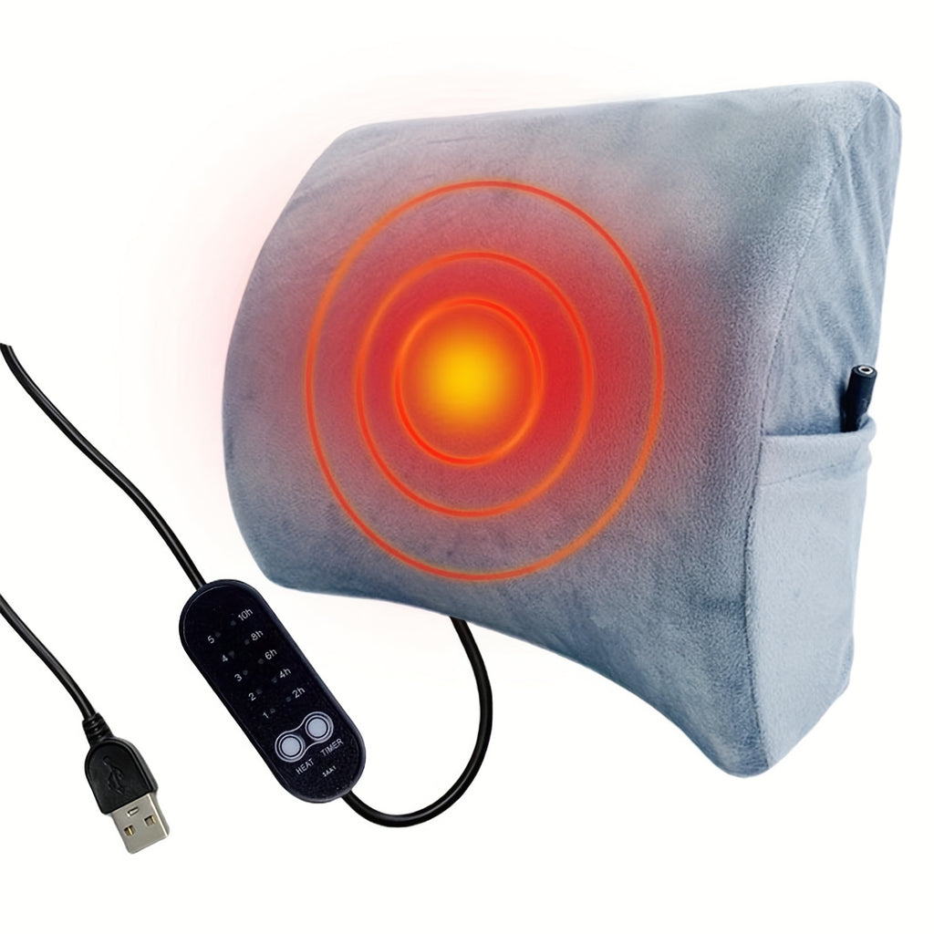 Ergonomic USB-Powered Lumbar Support Pillow with Memory Foam - 5 Heat Levels & Timer Settings, Breathable Polyester Cover for Office Chair