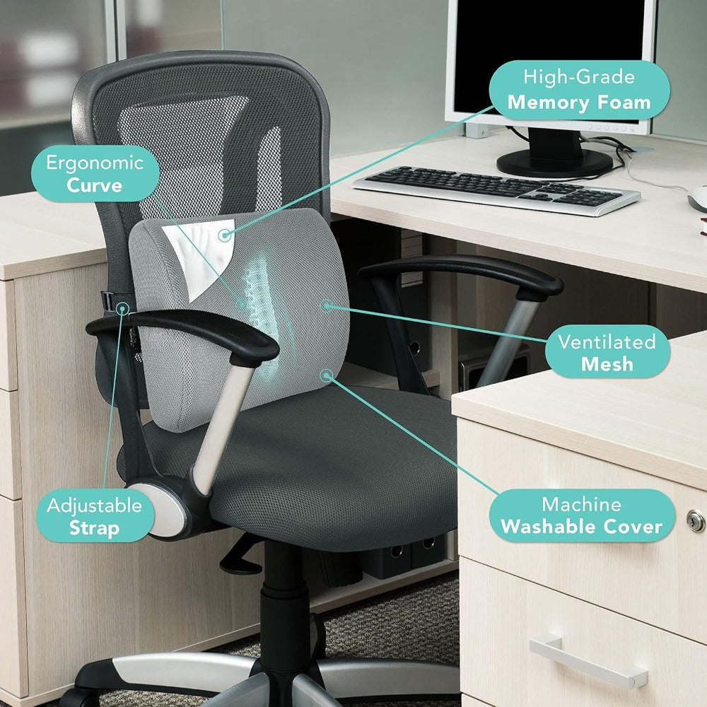 Ergonomic Lumbar Support Pillow with - Posture-Correcting Back Cushion for Office Chair, Car Seat, Gaming Desk - with Adjustable Strap, Lightweight & Portable for Home, Travel, or - Gray Lumbar Cushion, Home Seating Comfort, Sleek Design, Durable
