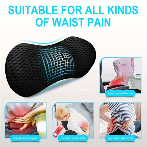 1pc Ergonomic Lumbar Support Pillow, Black with Textured Surface, Lightweight, Machine Washable, Ideal for Car Seats, Office Chairs, Lounge Chairs & Beds, Back Design|Machine Washable Cover, Lumbar Support Pillow