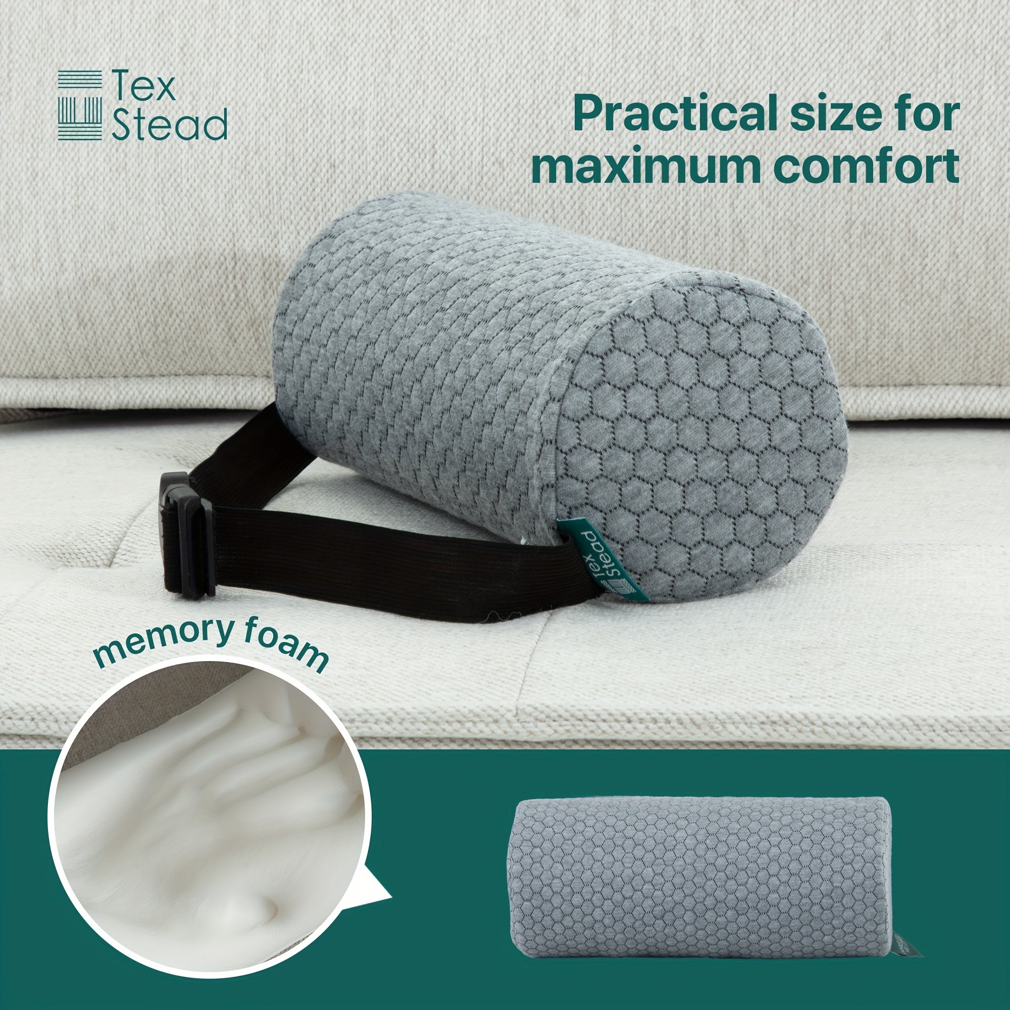 1pc TEXSTEAD Ergonomic Lumbar Support Pillow with Removable Cover & Elastic Strap – Medium Firm Foam Cylinder Bolster for Neck, Back, and Seat Relief – Ideal for Office, Car, and Home Use, Backrest Pillow, Posture Improvement, Contoured Design, Machine