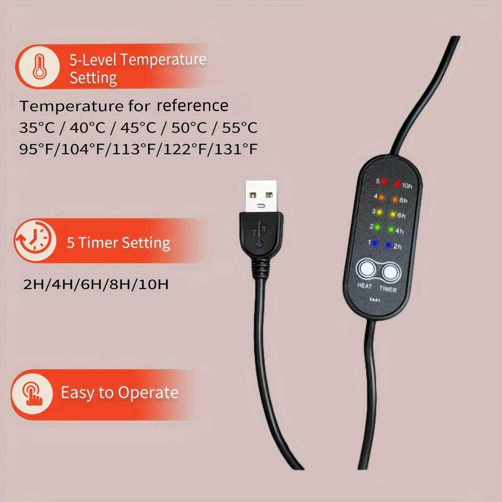 Ergonomic USB-Powered Lumbar Support Pillow with Memory Foam - 5 Heat Levels & Timer Settings, Breathable Polyester Cover for Office Chair