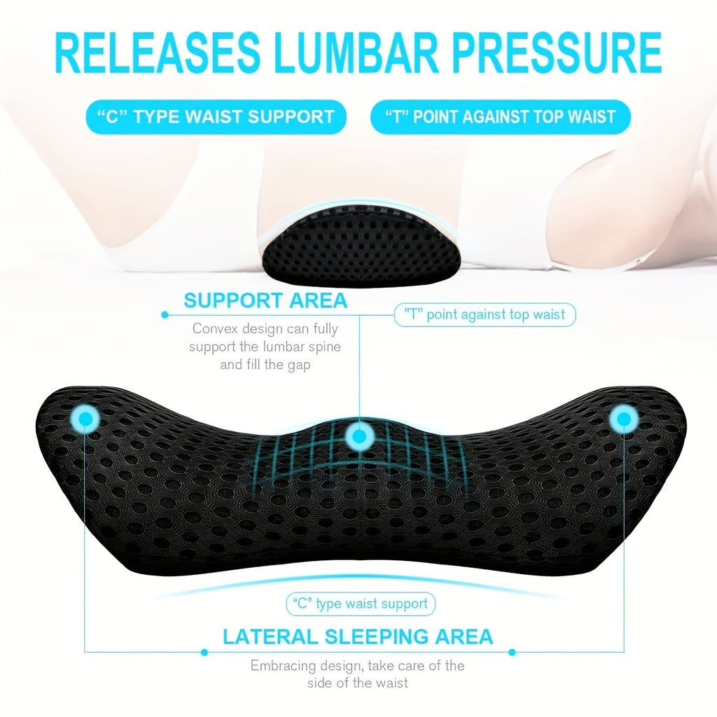 1pc Ergonomic Lumbar Support Pillow, Black with Textured Surface, Lightweight, Machine Washable, Ideal for Car Seats, Office Chairs, Lounge Chairs & Beds, Back Design|Machine Washable Cover, Lumbar Support Pillow