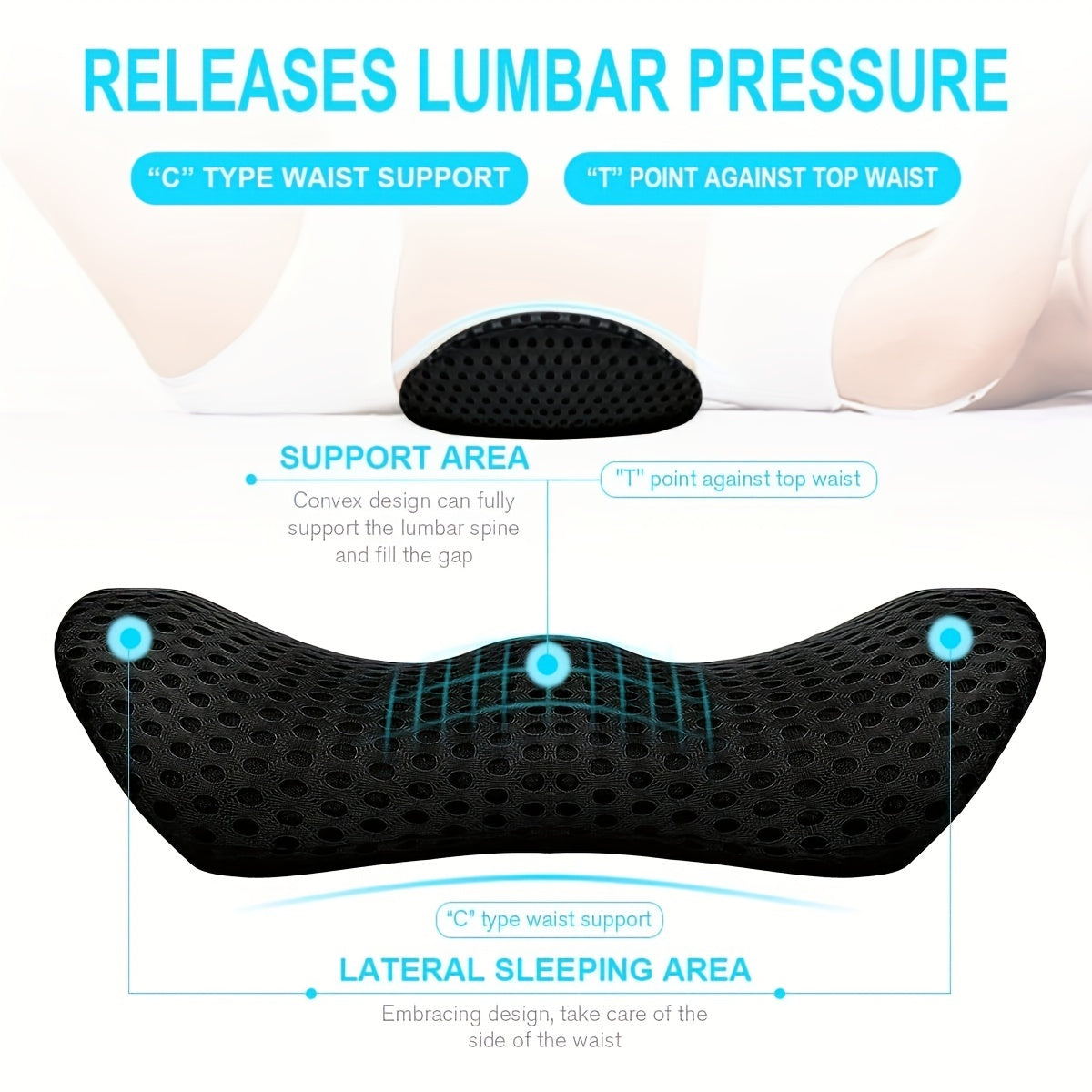 1pc Ergonomic Lumbar Support Pillow, Black with Textured Surface, Lightweight, Machine Washable, Ideal for Car Seats, Office Chairs, Lounge Chairs & Beds, Back Design|Machine Washable Cover, Lumbar Support Pillow