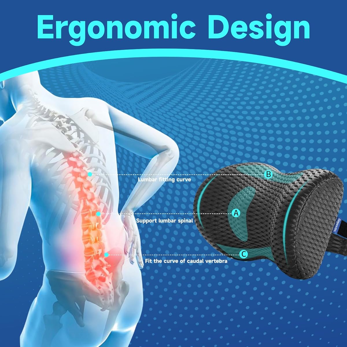 Ergonomic Lumbar Support Pillow for Office Chair & Car - Posture-Correcting Back Cushion with Spinal Alignment, Lower Back Relief, Desk, Gaming Chair - Non-Slip Base, No Power Needed - Ideal for Home, Office, Travel - Black, Backrest Pillow, Contoured