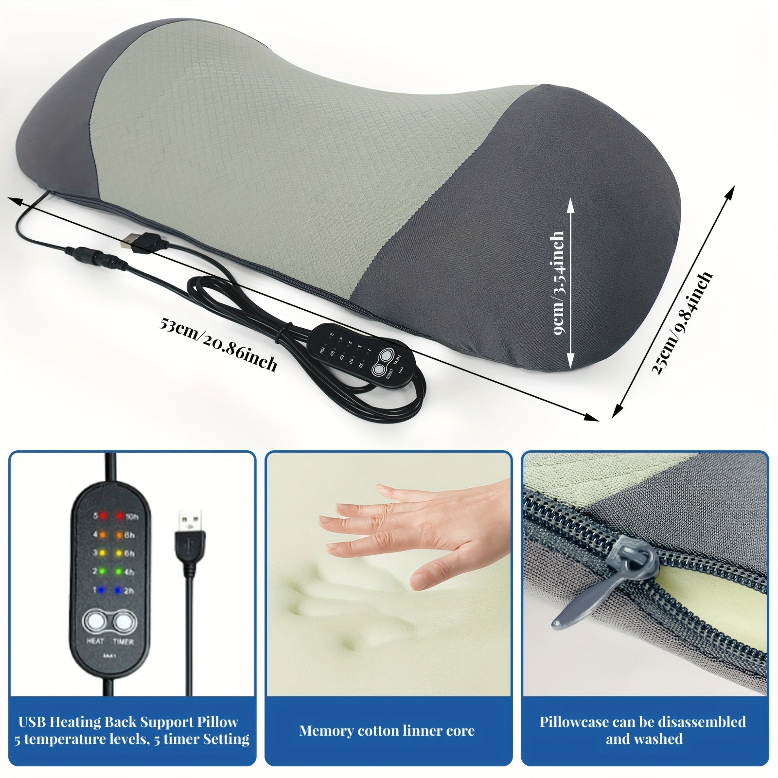 USB-Powered Heated Lumbar Support Pillow with 5 Adjustable Temperature Settings & Timer, Ergonomic Back for Office Chairs, Cars, and Home Use - Gray, Backrest Pillow
