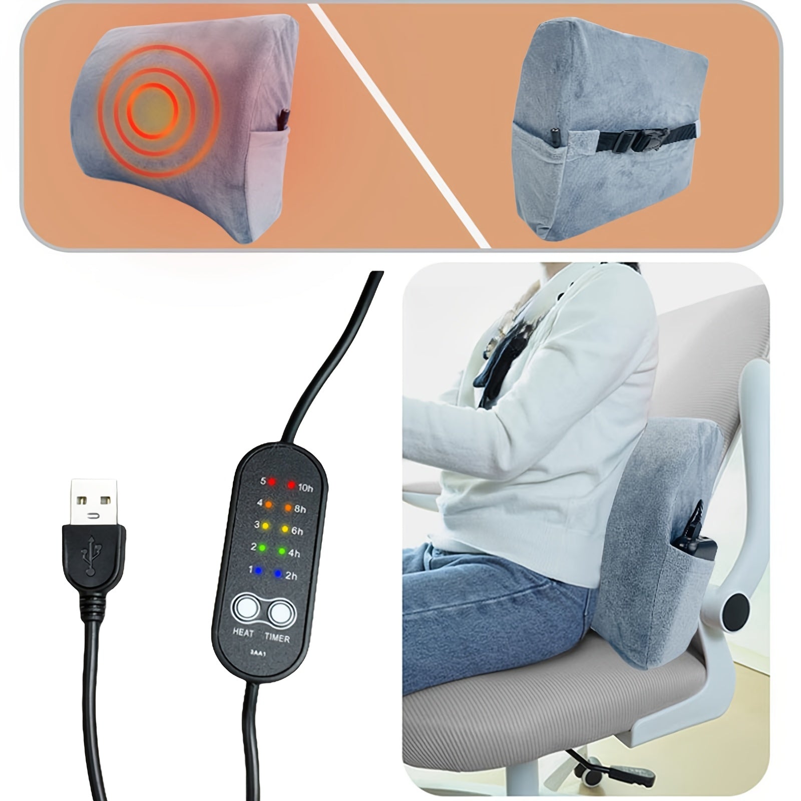 Ergonomic USB-Powered Lumbar Support Pillow with Memory Foam - 5 Heat Levels & Timer Settings, Breathable Polyester Cover for Office Chair