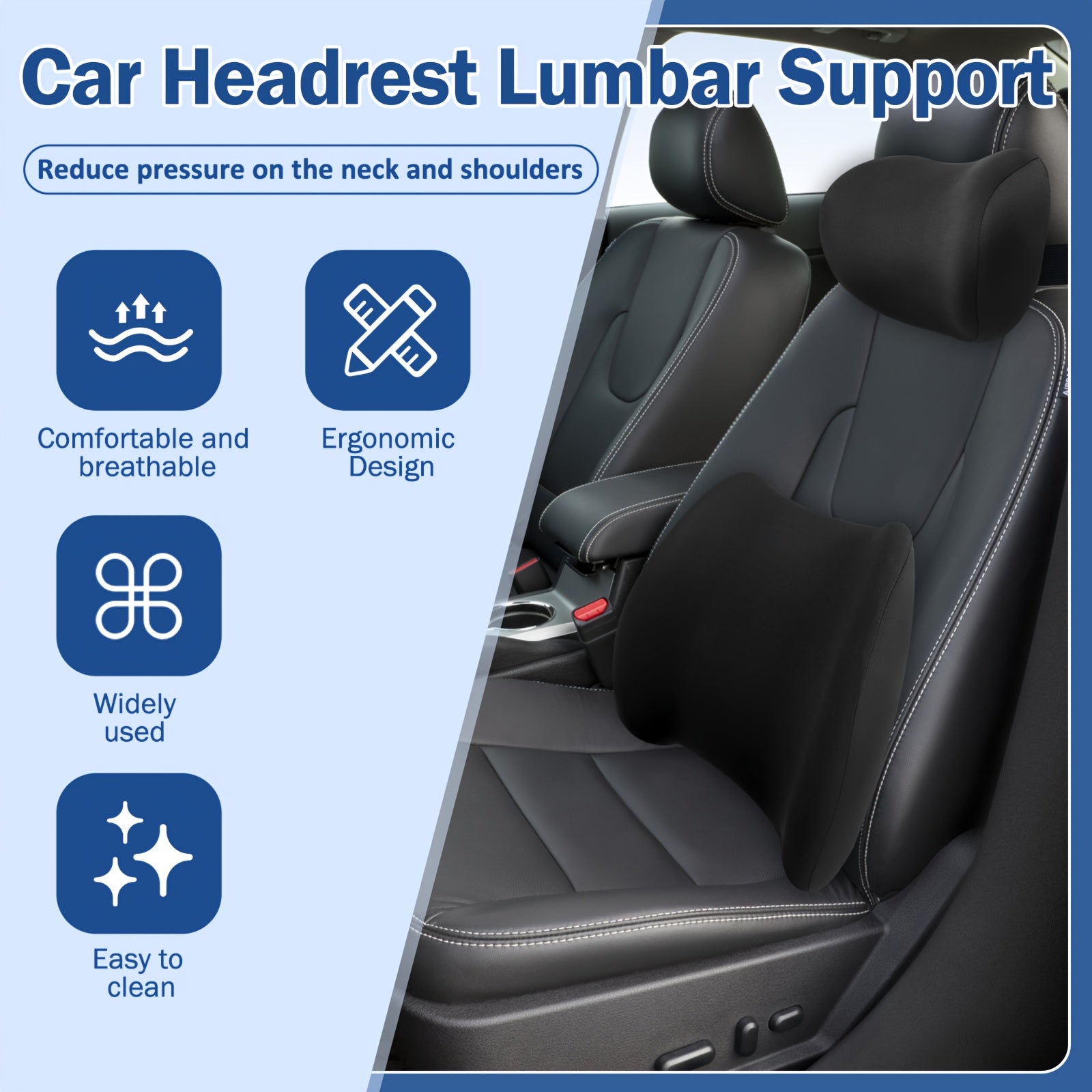 Headrest Lumbar Support Cushion Ergonomic Lumbar Support Pillow And Neck Pillow Kit for Office Chair And Car Seat, Memory Foam Back Pillow for Lower Back Pain Relief, Back Support Pillow for Sitting, Driving, Traveling, Headrest Covers for Car Seats,