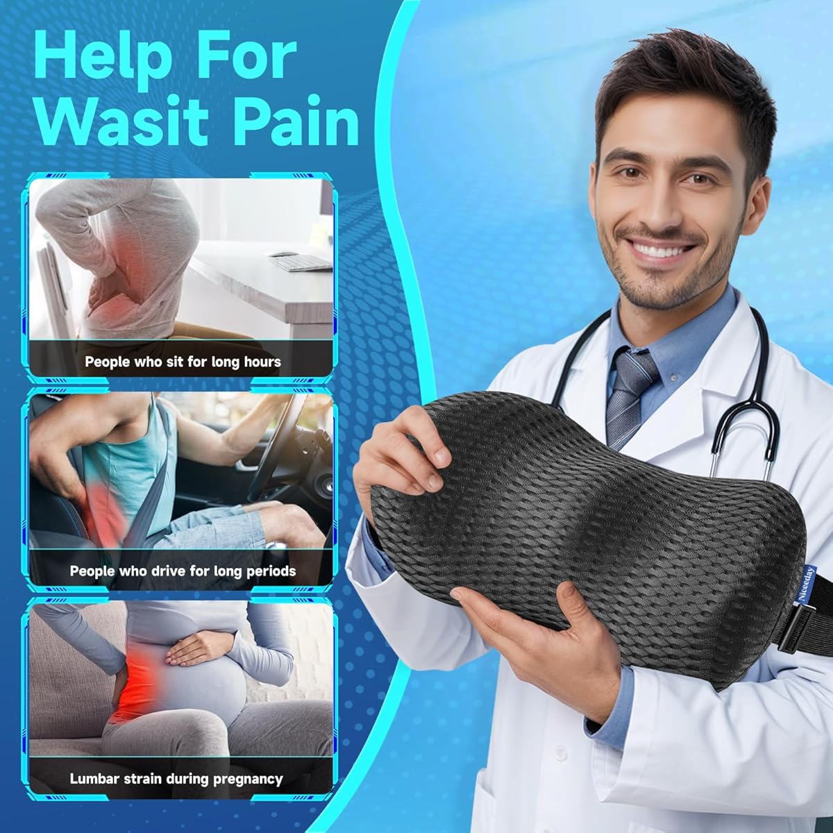 Ergonomic Lumbar Support Pillow for Office Chair & Car - Posture-Correcting Back Cushion with Spinal Alignment, Lower Back Relief, Desk, Gaming Chair - Non-Slip Base, No Power Needed - Ideal for Home, Office, Travel - Black, Backrest Pillow, Contoured