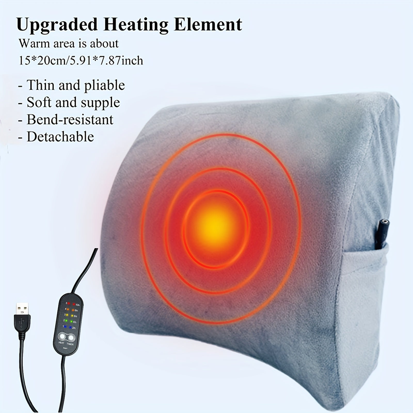 Ergonomic USB-Powered Lumbar Support Pillow with Memory Foam - 5 Heat Levels & Timer Settings, Breathable Polyester Cover for Office Chair