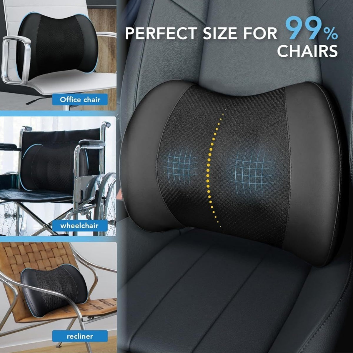 Ergonomic Lumbar Support Pillow for Lower Back - Posture-Correcting Cushion with, Car, Office Chair, Wheelchair - Lower Back Relief, Driving, Home & Travel - Machine Washable - Black, Backrest Pillow, Contoured Design, Durable Construction, Long Sitting