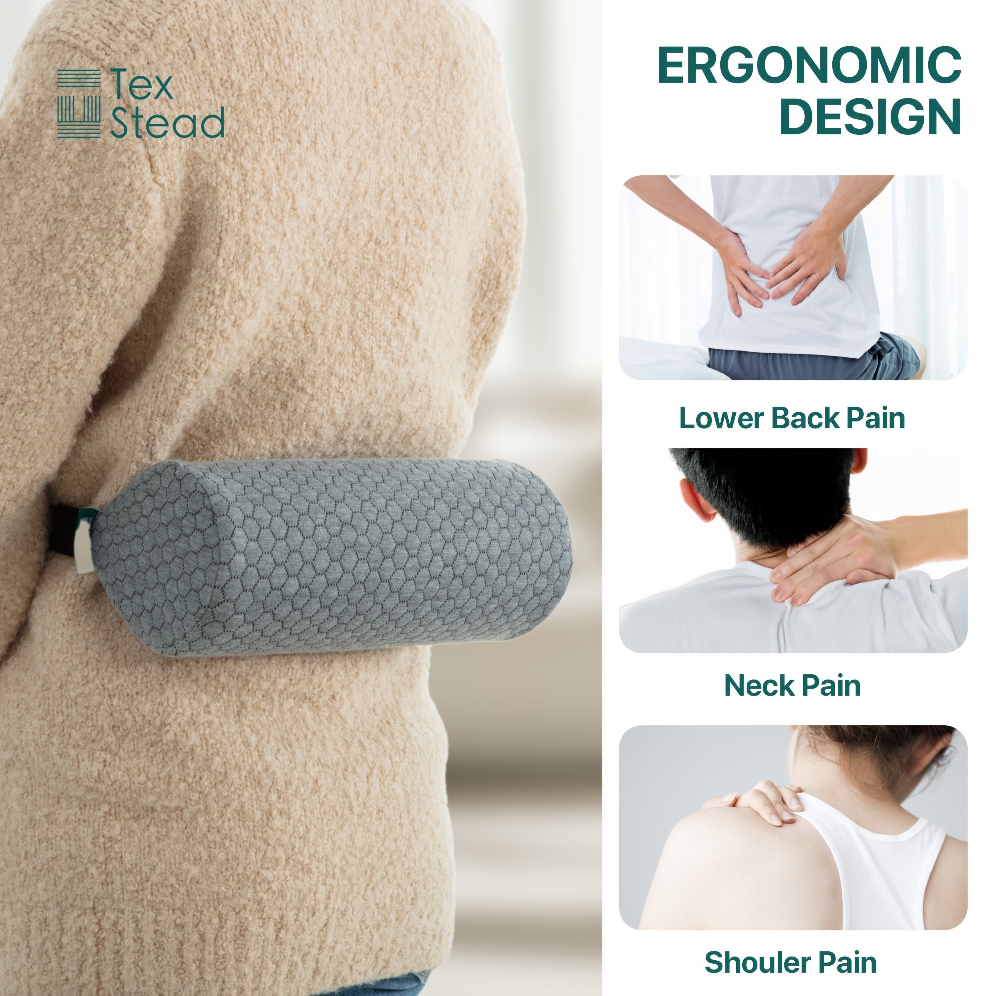 1pc TEXSTEAD Ergonomic Lumbar Support Pillow with Removable Cover & Elastic Strap – Medium Firm Foam Cylinder Bolster for Neck, Back, and Seat Relief – Ideal for Office, Car, and Home Use, Backrest Pillow, Posture Improvement, Contoured Design, Machine