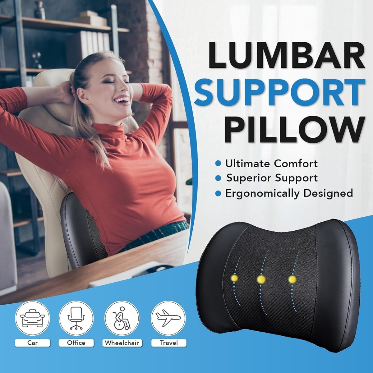 Ergonomic Lumbar Support Pillow for Lower Back - Posture-Correcting Cushion with, Car, Office Chair, Wheelchair - Lower Back Relief, Driving, Home & Travel - Machine Washable - Black, Backrest Pillow, Contoured Design, Durable Construction, Long Sitting