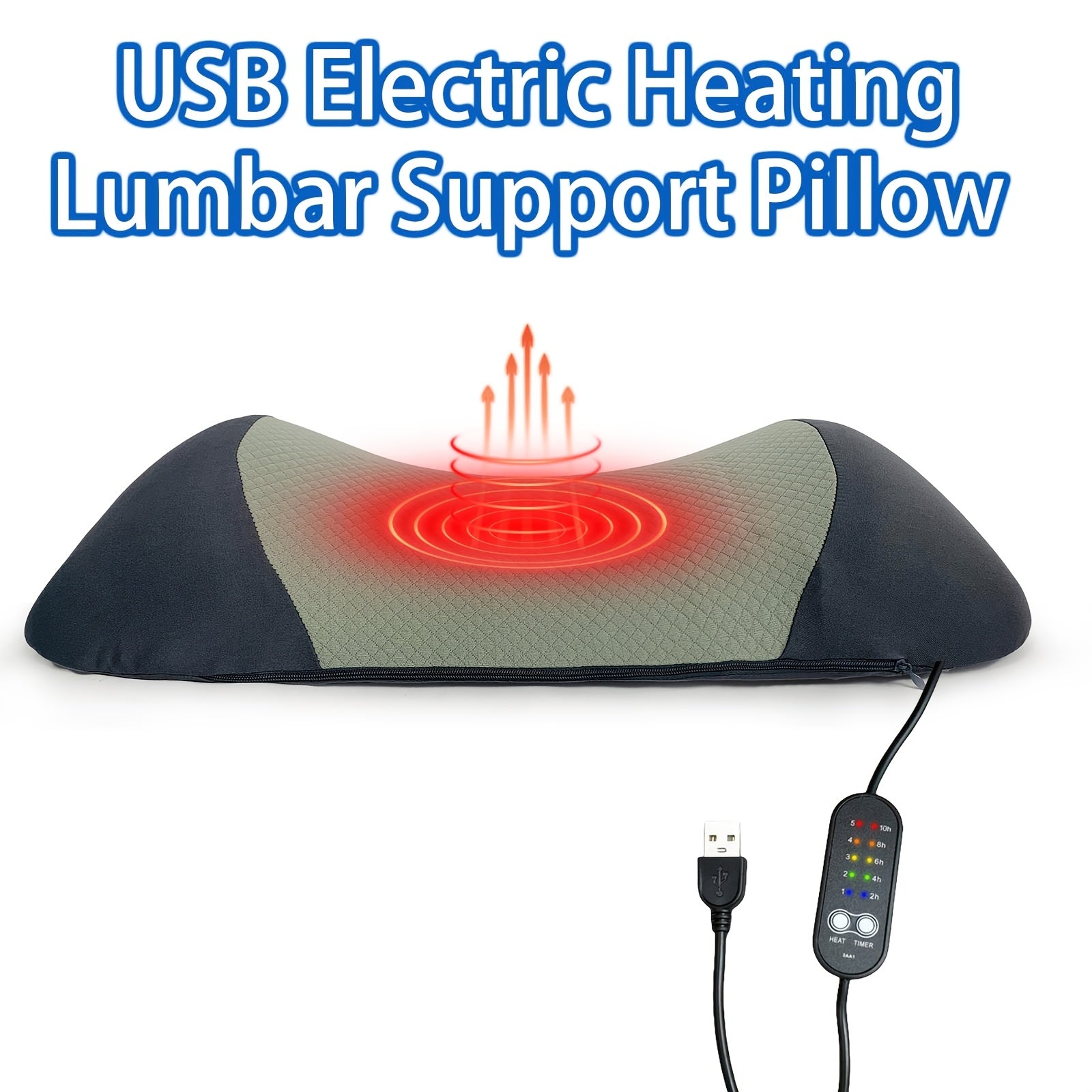USB-Powered Heated Lumbar Support Pillow with 5 Adjustable Temperature Settings & Timer, Ergonomic Back for Office Chairs, Cars, and Home Use - Gray, Backrest Pillow