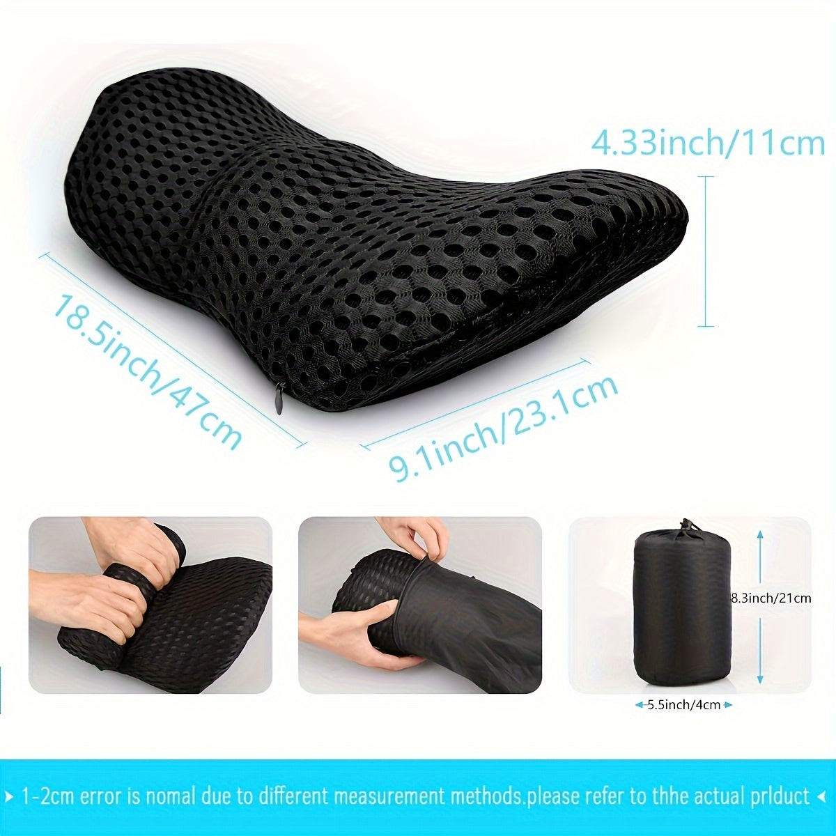 1pc Ergonomic Lumbar Support Pillow, Black with Textured Surface, Lightweight, Machine Washable, Ideal for Car Seats, Office Chairs, Lounge Chairs & Beds, Back Design|Machine Washable Cover, Lumbar Support Pillow