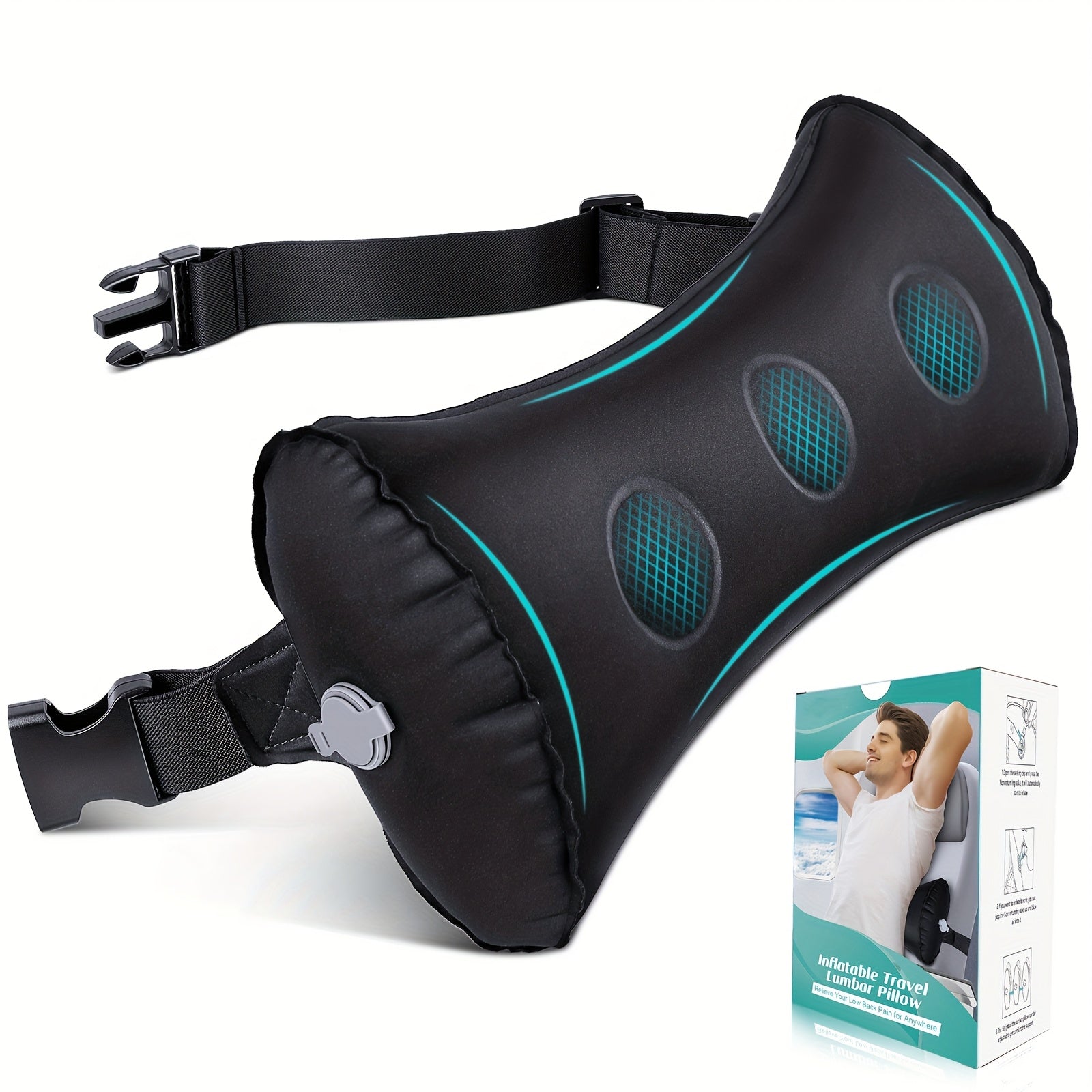 1pc Inflatable Lumbar Support Pillow for Airplane Travel, Car & Office Chair - Ergonomic Posture Corrector with Adjustable Straps, Breathable Mesh Design, Hand Wash Only, Improves Sitting Posture & Comfort, Inflatable Travel Pillow, Airplane Comfort